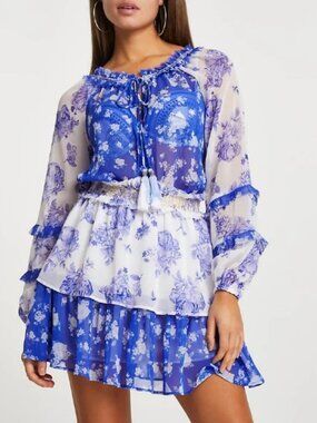 NWT RIVER ISLAND Resort Boho Blue Chiffon Off Shoulders Babydoll Mini Dress XS